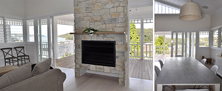 Stone fireplace creates a focal point and sense of gathering in the living area.